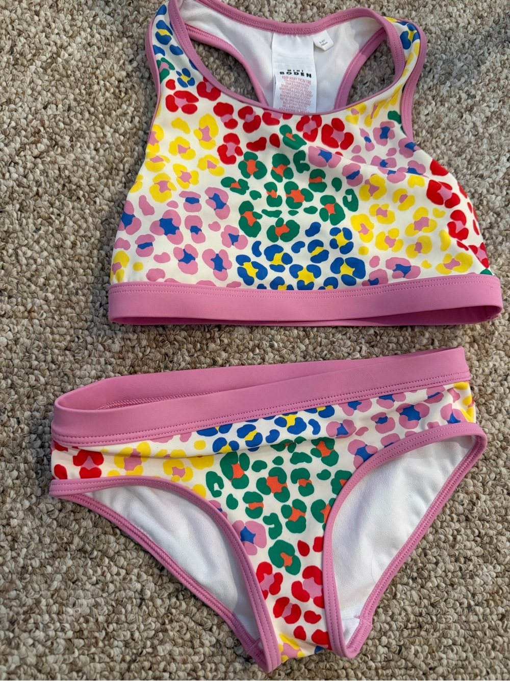 Boden Kids Rainbow Leopard-Style Bikini with Pink Trim